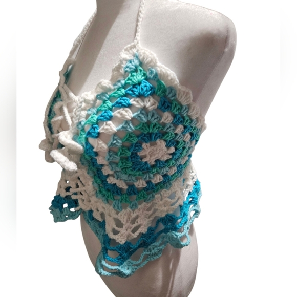 Handmade Granny Square Crochet Halter Top Mermaidcore Boho Criss-cross Icy Blue - Picture 4 of 17